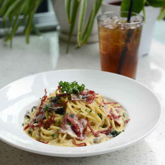 Streaky Beef Carbonara Spaghetti